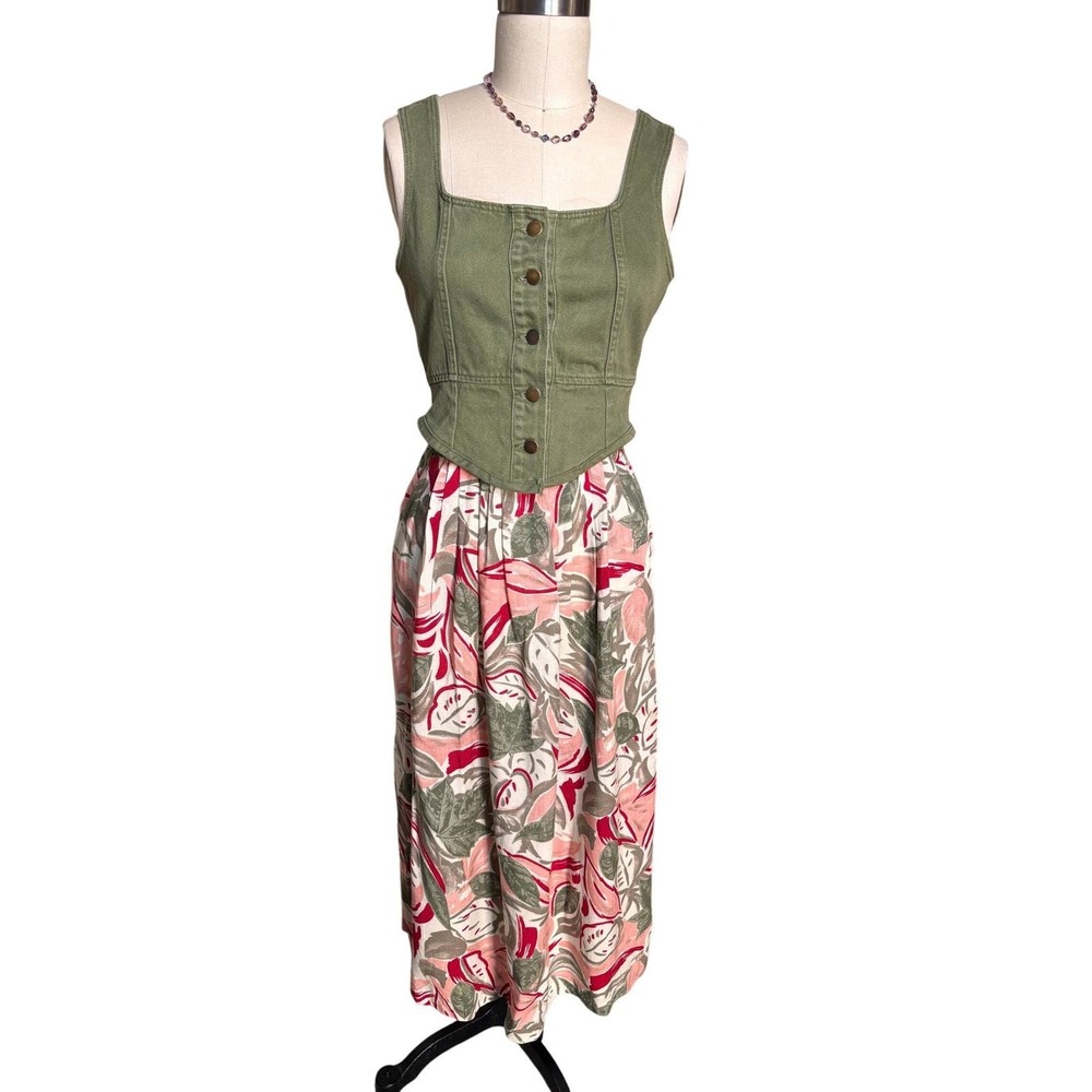 C.E. Stanton Tropical Leaf Pleated Midi Skirt Womens 27 Waist Pink Green